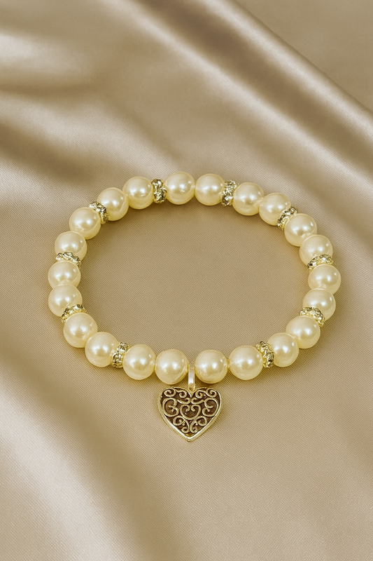 Elegant  Faux Pearl Beaded Bracelet with Silver Filigree Heart Charm