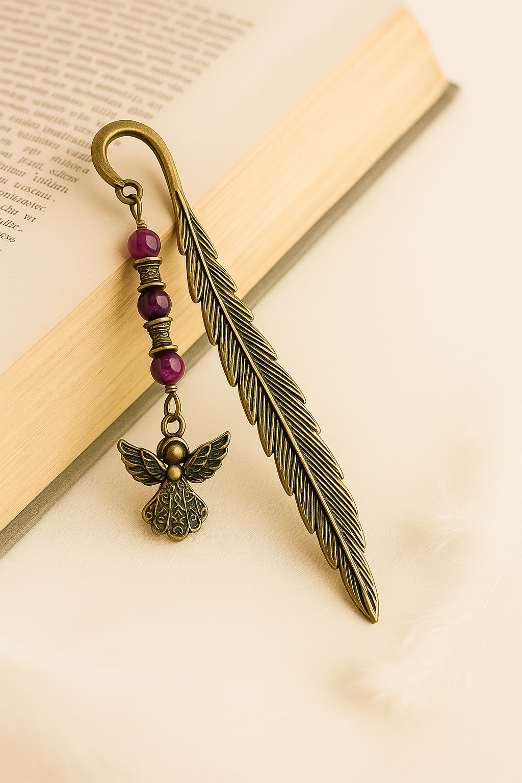 Antique Bronze Feather Bookmark with Angel Charm