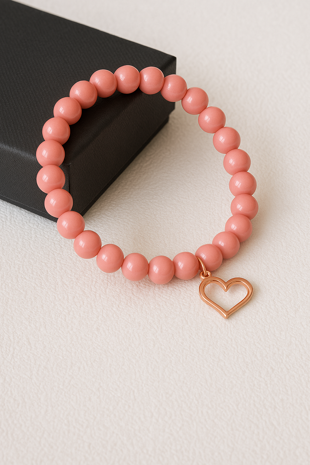 Blush Pink Beaded Bracelet with Rose Gold Heart Charm