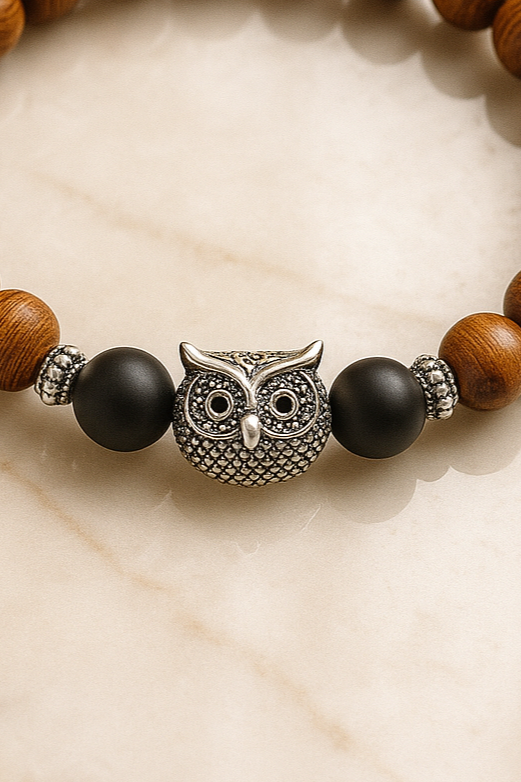Handcrafted Wooden Bead Bracelet with Owl Charm