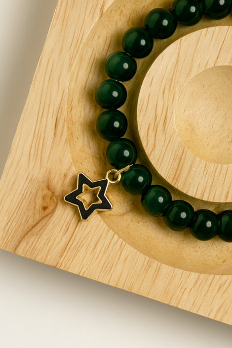 Green Beaded Bracelet with Gold Star Charm